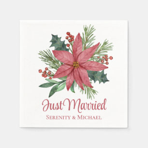 Poinsettia Christmas Winter Just Married Wedding Napkins