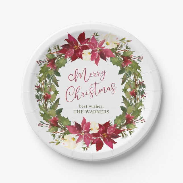 Poinsettia Christmas Wreath Personalized Paper Plates (Front)