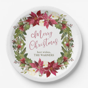 Poinsettia Christmas Wreath Personalized Paper Plates