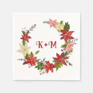 Poinsettia Christmas Wreath Wedding Monogram Napkins