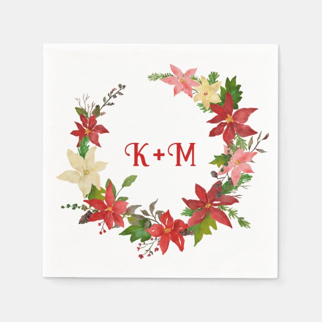 Poinsettia Christmas Wreath Wedding Monogram Napkins (Front)