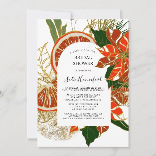 Poinsettia Citrus Gold Winter Bridal Shower Invitation