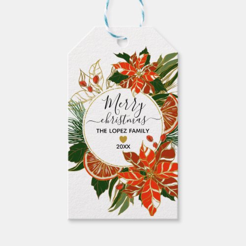 Poinsettia Citrus Gold Winter Merry Christmas Gift Tags