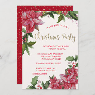 Poinsettia,Confetti,Red Company Christmas Party Invitation