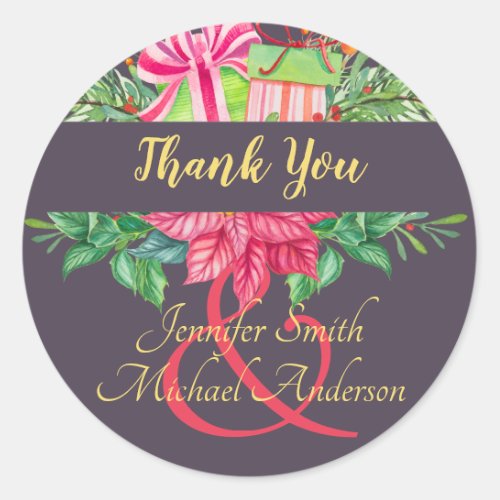 Poinsettia Couples Party Ampersand Purple Classic Round Sticker
