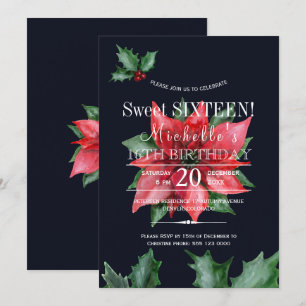 Poinsettia dark blue red green sweet sixteen invitation