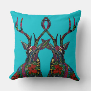 poinsettia deer blue throw pillow