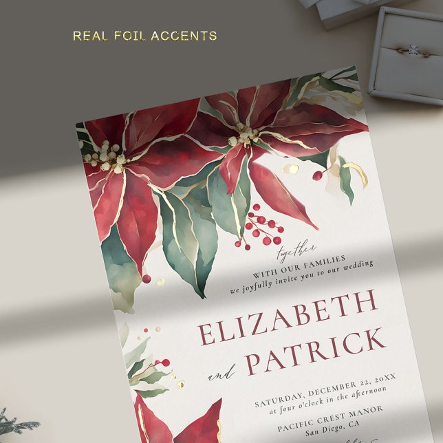 Poinsettia Elegant Christmas Winter Gold Wedding Foil Invitation (winter wedding invitation modern christmas watercolor poinsettia elegant rustic bohemian gold foil)