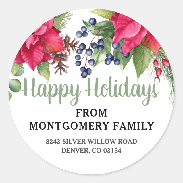 Poinsettia Elegant Happy Holidays Address Green Classic Round Sticker (Front)