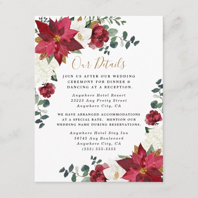 Poinsettia Elegant Red Gold White Floral Wedding Enclosure Card (Front)