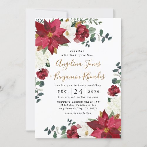 Poinsettia Elegant Red Gold White Floral Wedding Invitation