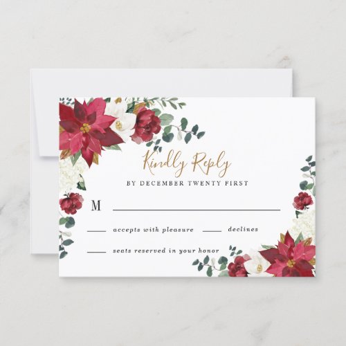 Poinsettia Elegant Red Gold White Floral Wedding RSVP Card