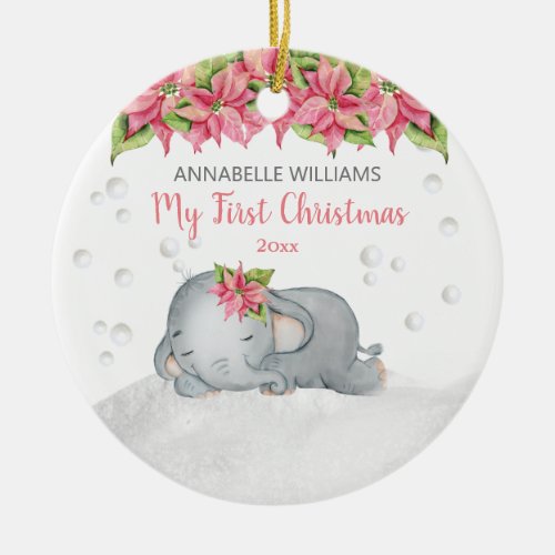 Poinsettia Elephant Babys 1st First Christmas Ceramic Ornament