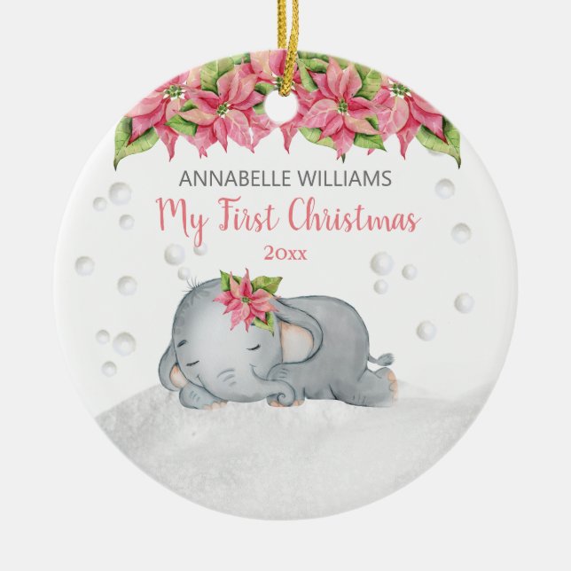 Poinsettia Elephant Baby's 1st First Christmas Ceramic Ornament (Front)
