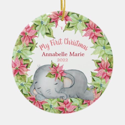 Poinsettia Elephant Babys 1st First Christmas Ceramic Ornament