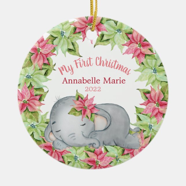 Poinsettia Elephant Baby's 1st First Christmas Ceramic Ornament (Front)