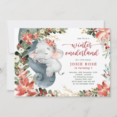 Poinsettia Elephant Winter Onederland 1st Birthday Invitation