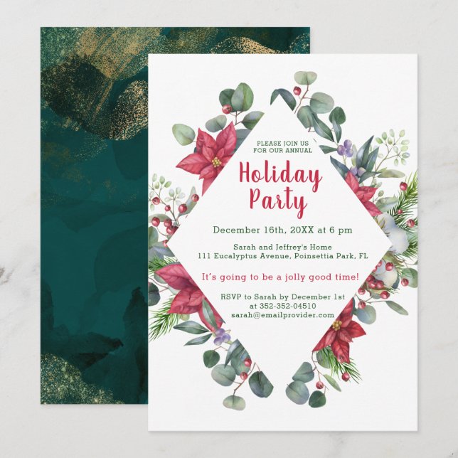 Poinsettia, eucalyptus leaves, red berry Christmas Invitation (Front/Back)