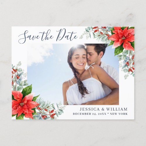 Poinsettia Eucalyptus Photo Wedding Save the Date Postcard