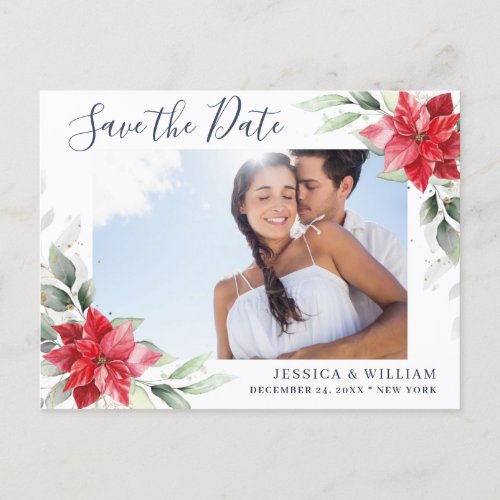 Poinsettia Eucalyptus Photo Wedding Save the Date Postcard