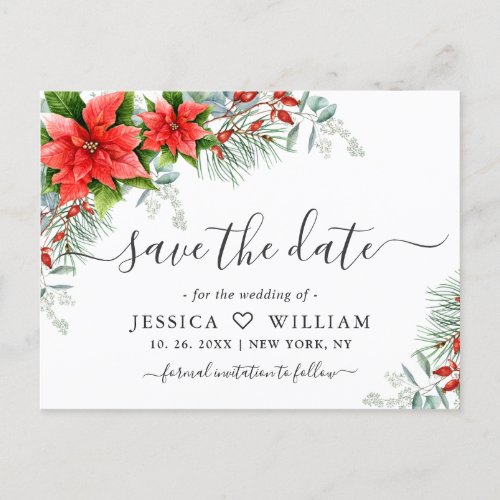 Poinsettia Eucalyptus Pine  Wedding Save the Date Announcement Postcard