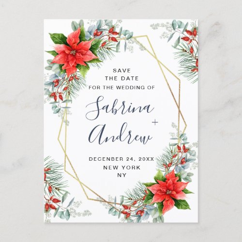 Poinsettia Eucalyptus Pine  Wedding Save the Date  Announcement Postcard