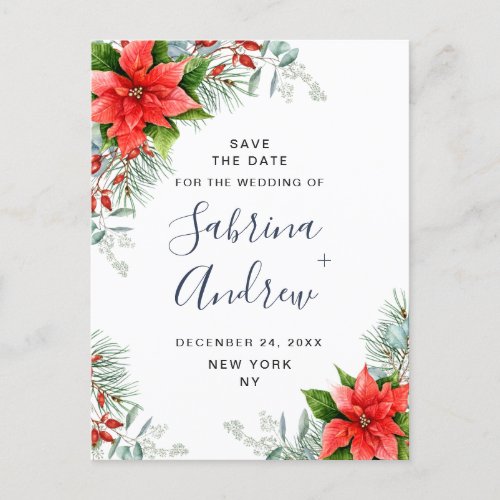 Poinsettia Eucalyptus Pine  Wedding Save the Date Announcement Postcard