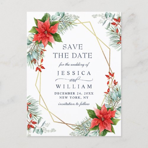 Poinsettia Eucalyptus Pine  Wedding Save the Date Announcement Postcard