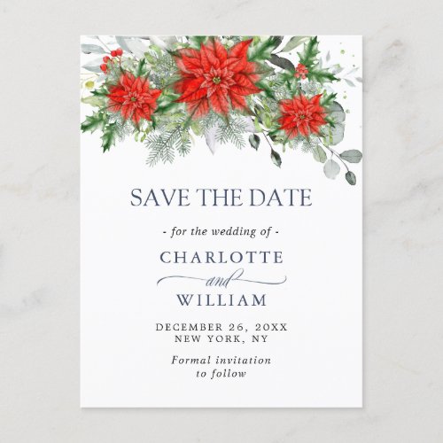 Poinsettia Eucalyptus Pine  Wedding Save the Date Postcard
