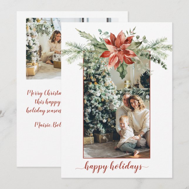 Poinsettia Evergreen Red Border Christmas 2 Photo Invitation (Front/Back)