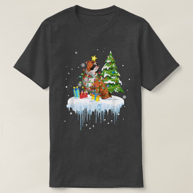 Poinsettia Fairy Lights Christmas Tree Bulldog Sno T-Shirt (Design Front)