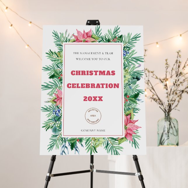 Poinsettia Fern Logo Welcome Festive Company Party Foam Board (In Situ (Stand))
