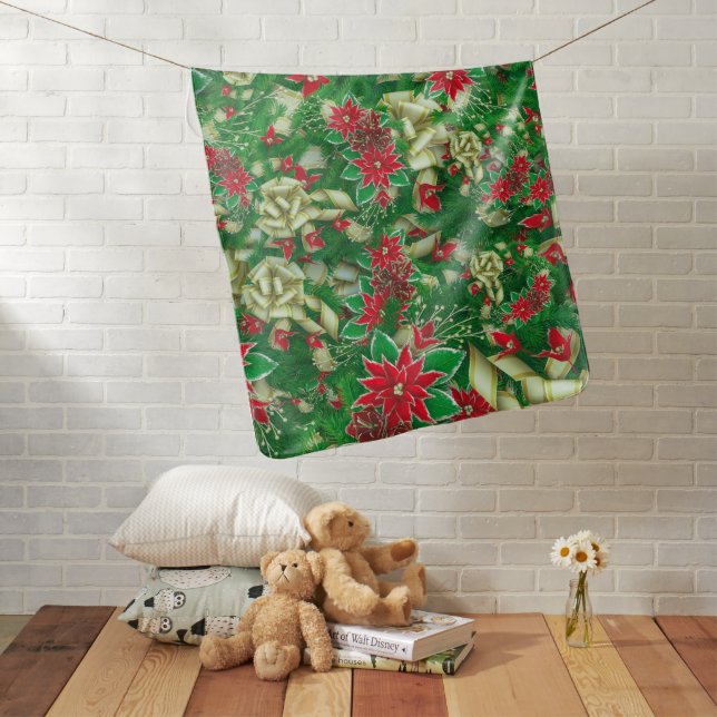 Poinsettia Fir Leaves Ribbons Floral Christmas | B Baby Blanket (In Situ)