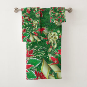 Poinsettia Fir Leaves Ribbons Floral Christmas   Bath Towel Set