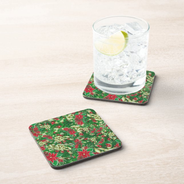 Poinsettia Fir Leaves Ribbons Floral Christmas | Beverage Coaster (Right Side)