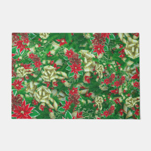Poinsettia Fir Leaves Ribbons Floral Christmas Doormat