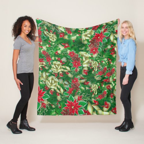 Poinsettia Fir Leaves Ribbons Floral Christmas  Fleece Blanket