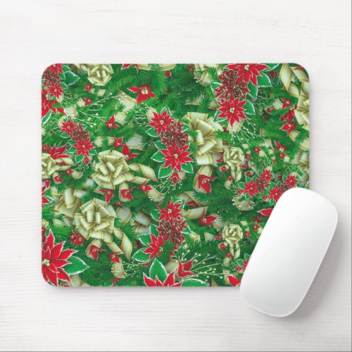 Poinsettia Fir Leaves Ribbons Floral Christmas  Mouse Pad