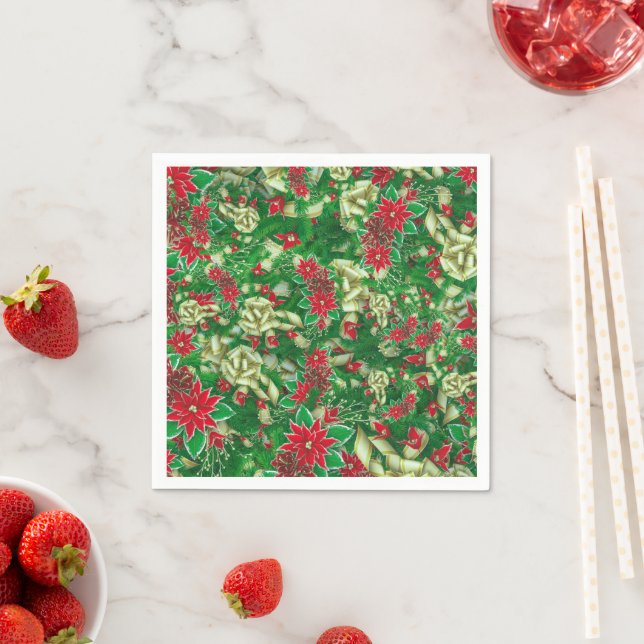Poinsettia Fir Leaves Ribbons Floral Christmas | Napkins (Insitu)