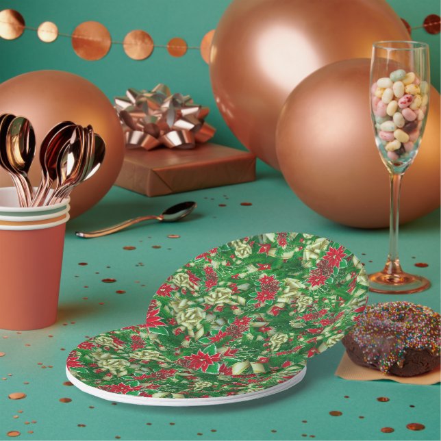 Poinsettia Fir Leaves Ribbons Floral Christmas | Paper Plates (Multi)