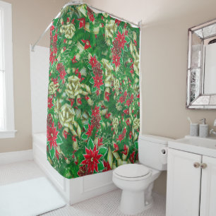 Poinsettia Fir Leaves Ribbons Floral Christmas Shower Curtain
