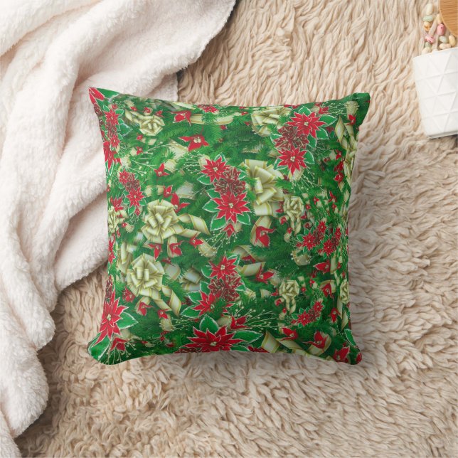 Poinsettia Fir Leaves Ribbons Floral Christmas | Throw Pillow (Blanket)