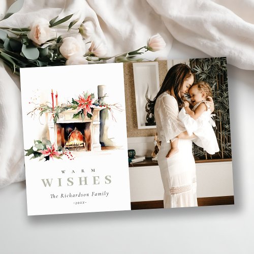 Poinsettia Fireplace Warm Christmas Wishes Photo Holiday Card