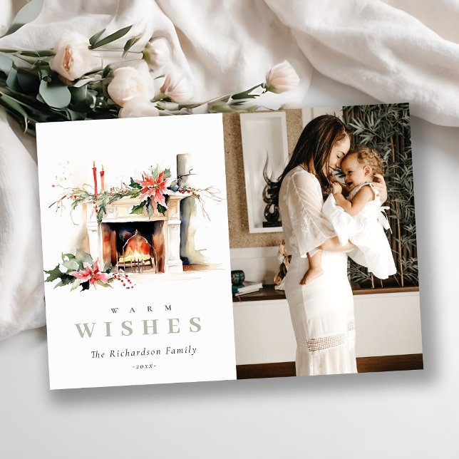 Poinsettia Fireplace Warm Christmas Wishes Photo Holiday Card (Creator Uploaded)