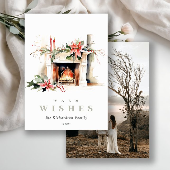 Poinsettia Fireplace Warm Christmas Wishes Photo Holiday Card (Creator Uploaded)