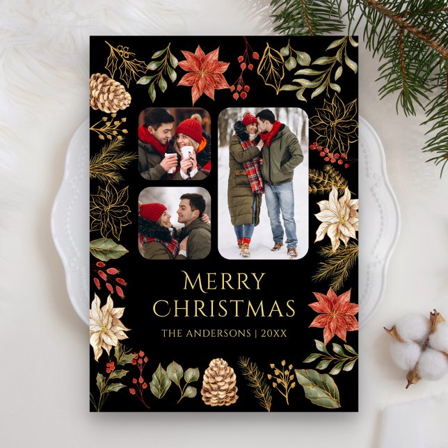 Poinsettia Floral 3 Photo Collage Black Christmas Holiday Card (Creator Uploaded)
