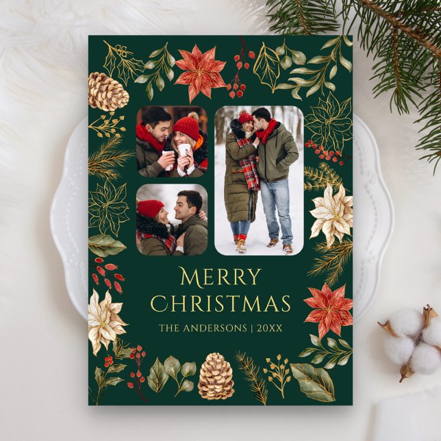 Poinsettia Floral 3 Photo Collage Green Christmas Holiday Card (Creator Uploaded)