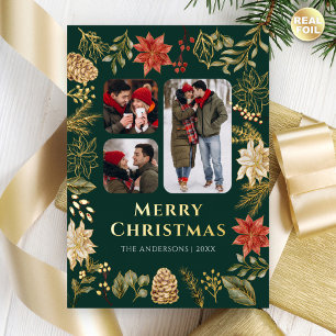 Poinsettia Floral 3 Photo Green Christmas Gold Foil Holiday Card