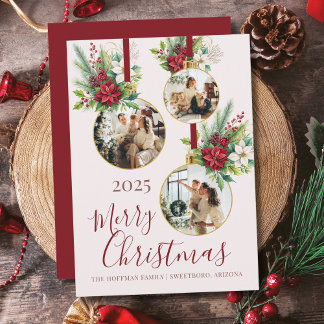 Poinsettia Floral 3 Photo Ornament Merry Christmas Holiday Card