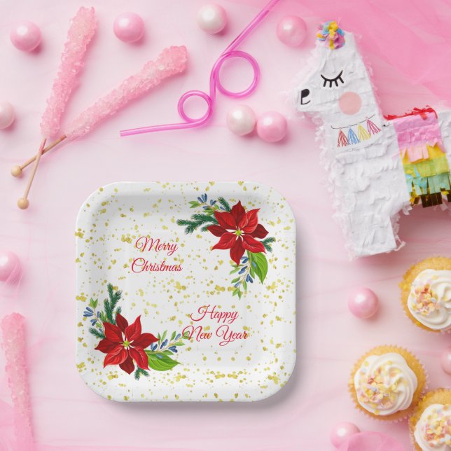 Poinsettia Floral Bouquet, Merry Christmas  Paper Plates (Party)